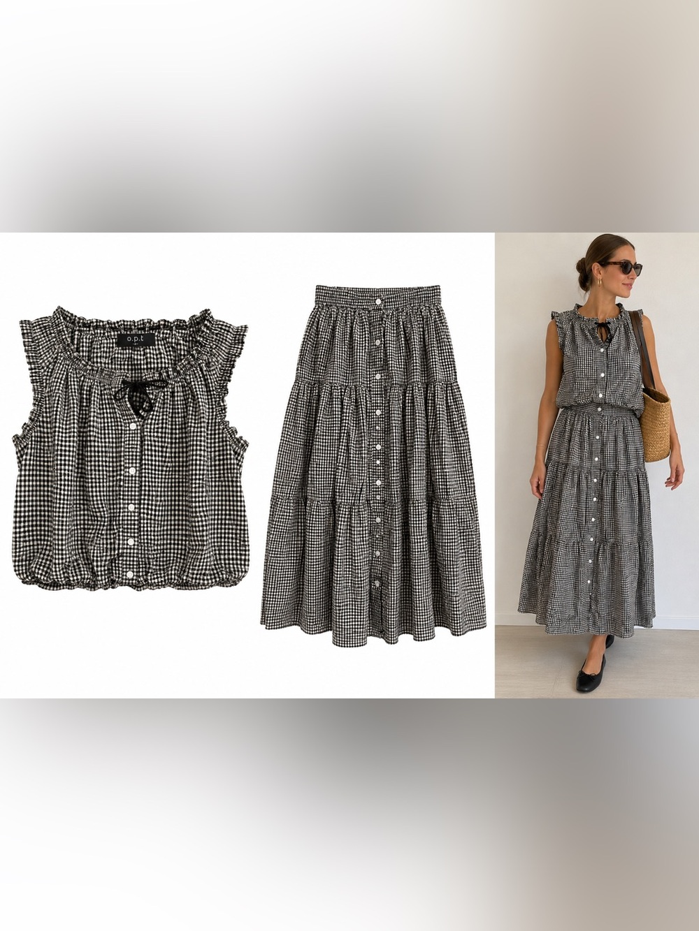 Black & White Gingham Maxi Skirt - Button-Front Tiered Design